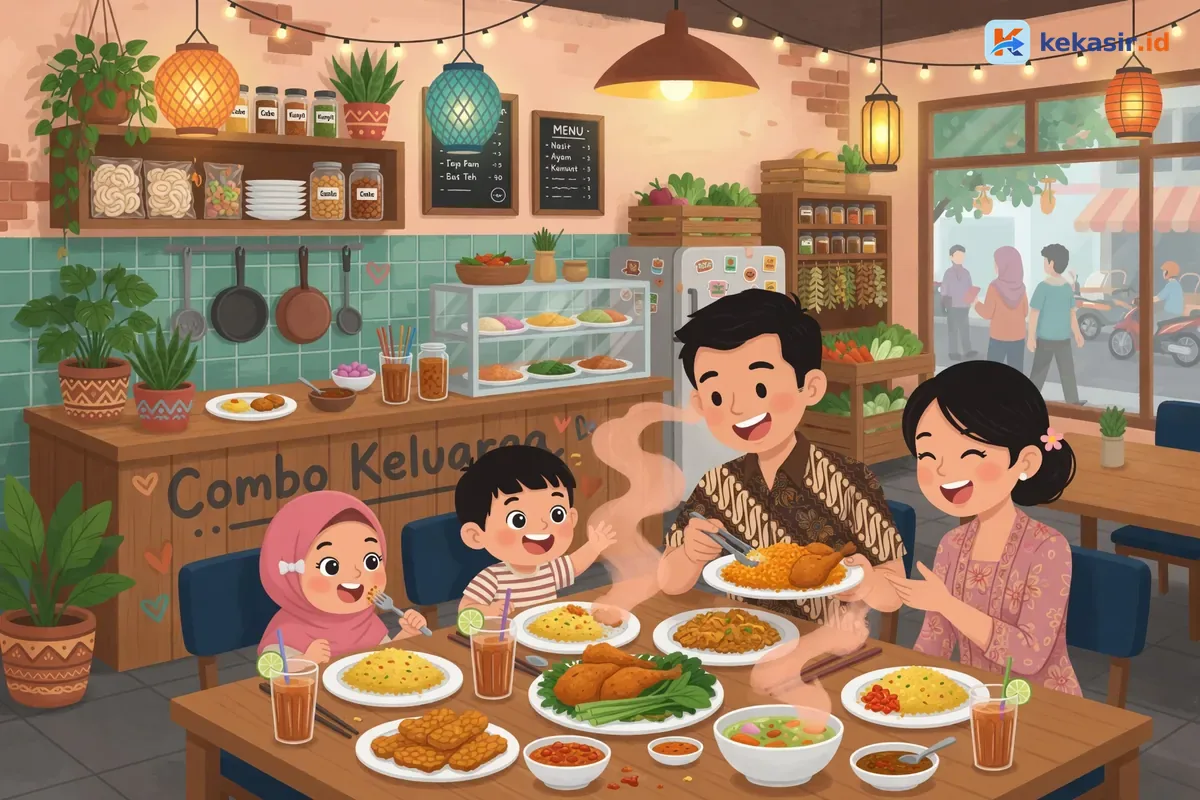 Ilustrasi keluarga sedang makan bersama di restoran dengan hidangan lengkap