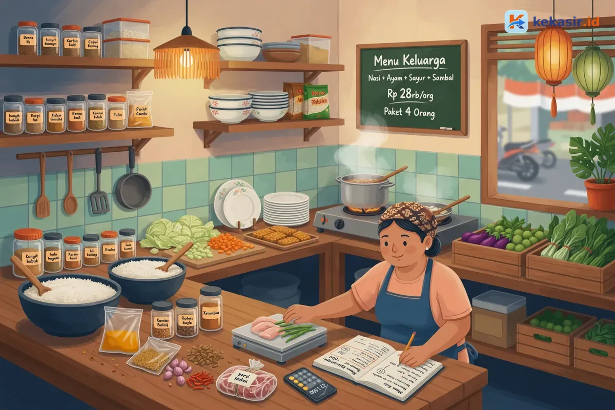 Ilustrasi pemilik warung menghitung bahan dan resep menu di dapur