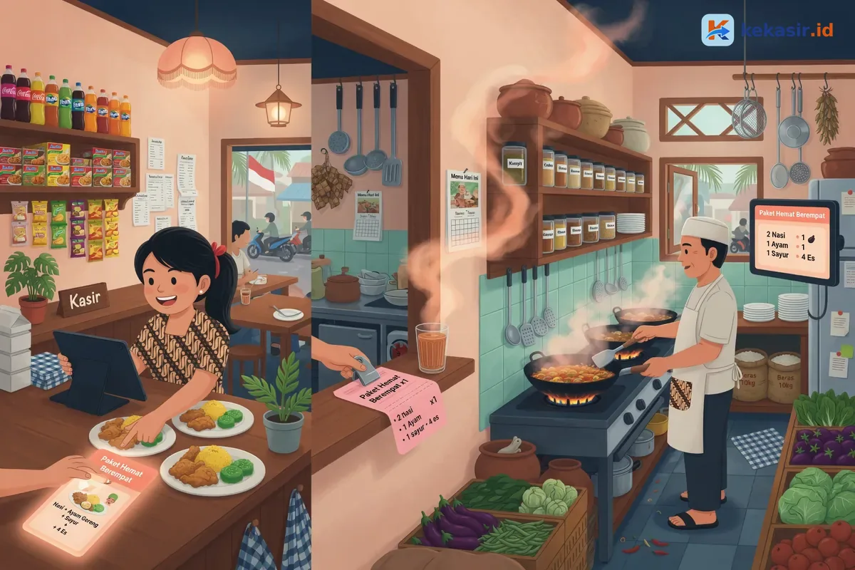 Alur pesanan paket combo dari kasir masuk ke layar dapur restoran