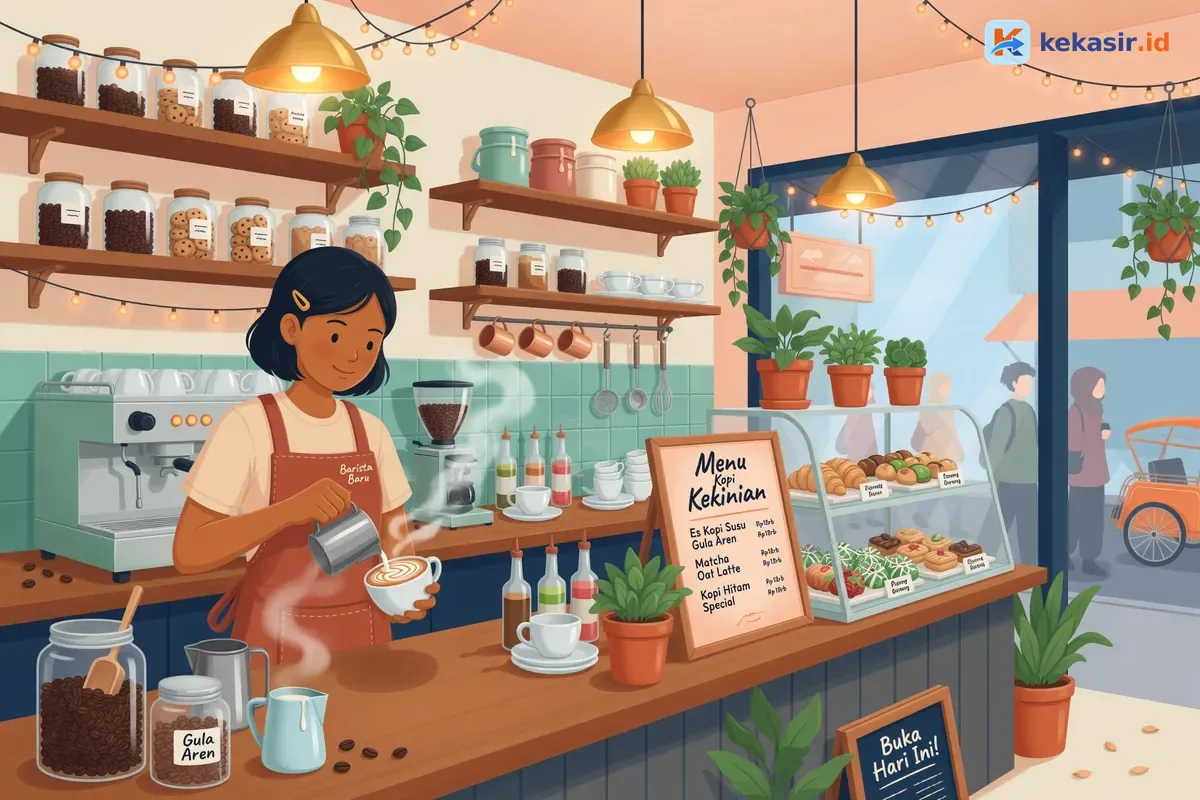Barista cafe kecil meracik kopi kekinian di bar kayu