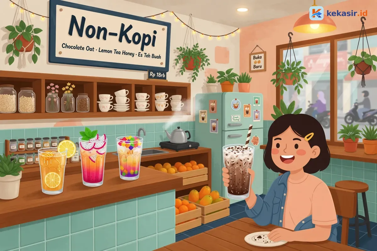 Pelanggan cafe memegang gelas es kopi susu pandan di meja kayu