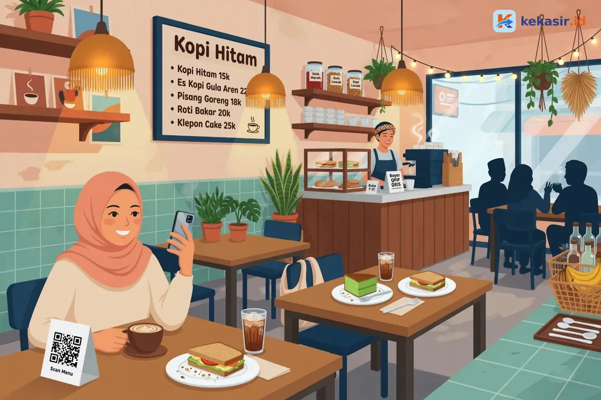 Suasana pelanggan scan QR menu di meja cafe kecil