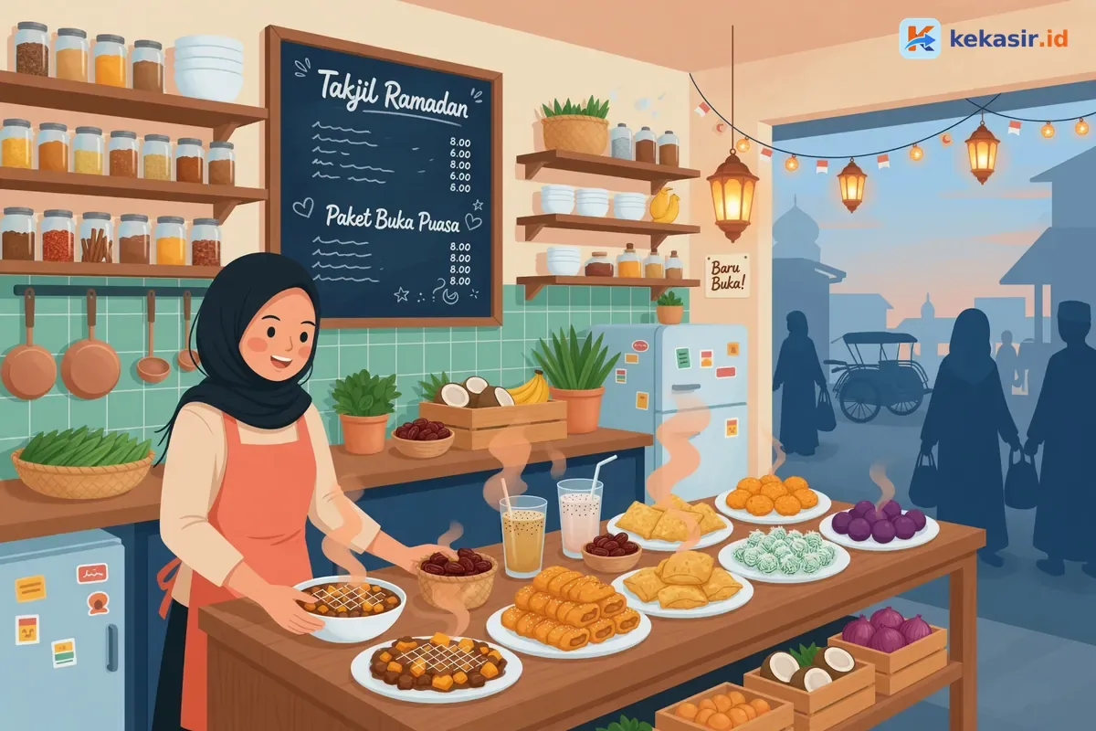 Ilustrasi warung menyiapkan aneka takjil di meja display menjelang buka puasa