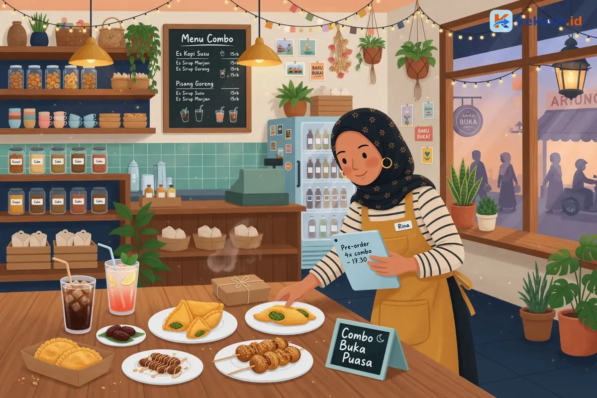 Ilustrasi paket combo buka puasa lengkap di meja cafe dengan minuman dan camilan