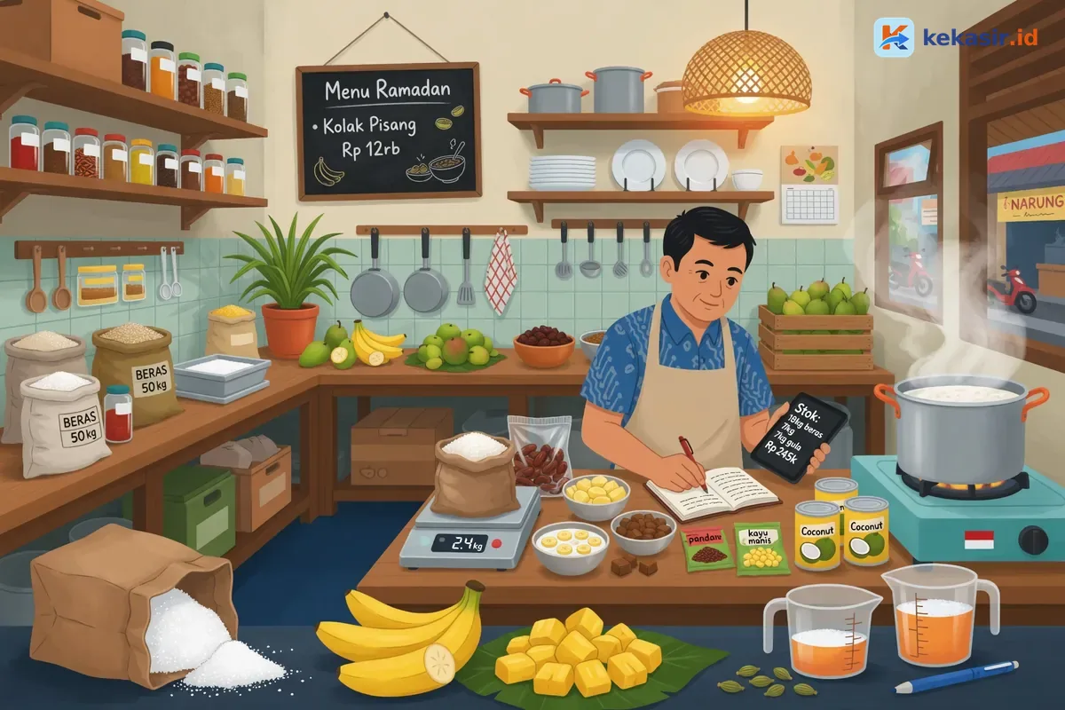 Ilustrasi pemilik warung mencatat stok bahan dan menghitung HPP di dapur