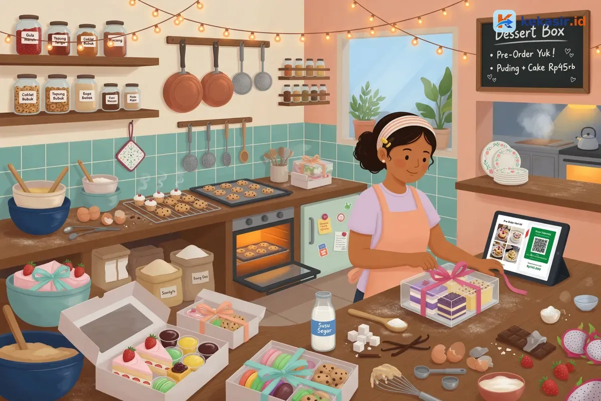 Ilustrasi pemilik usaha bakery mini sedang menyiapkan dessert box di dapur rumah