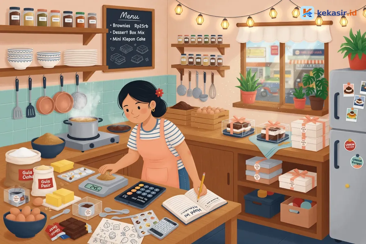 Ilustrasi pemilik usaha menghitung biaya bahan dan margin harga jual kue di dapur