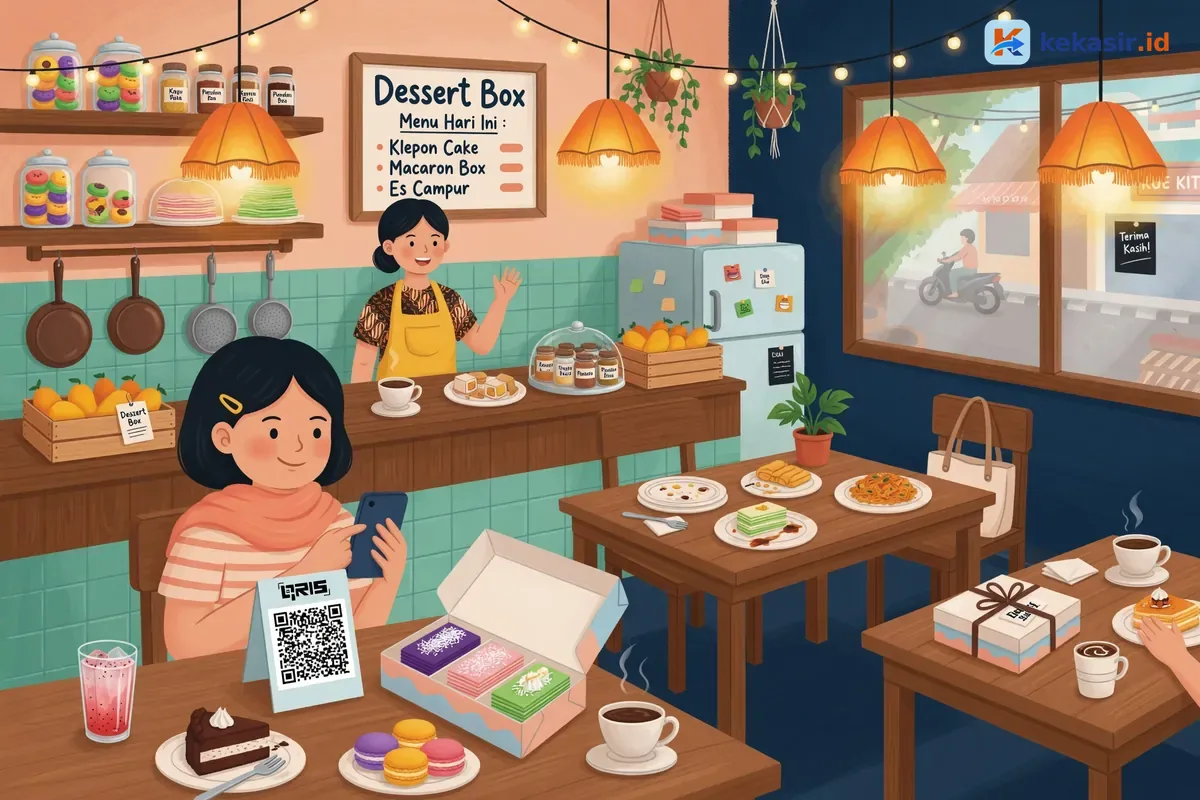 Pelanggan melakukan scan QRIS untuk membayar dessert box yang dibeli