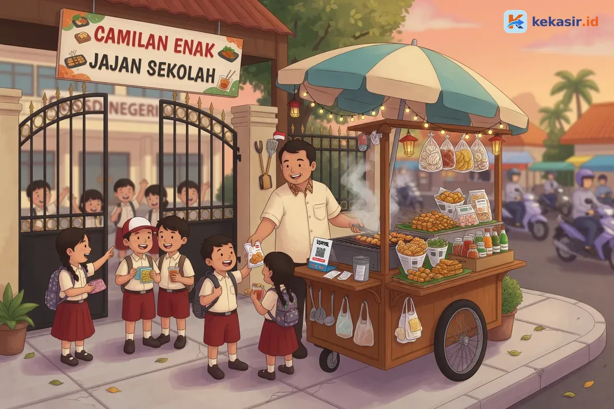 Ilustrasi gerobak camilan di trotoar dekat gerbang sekolah dengan siswa mengantri