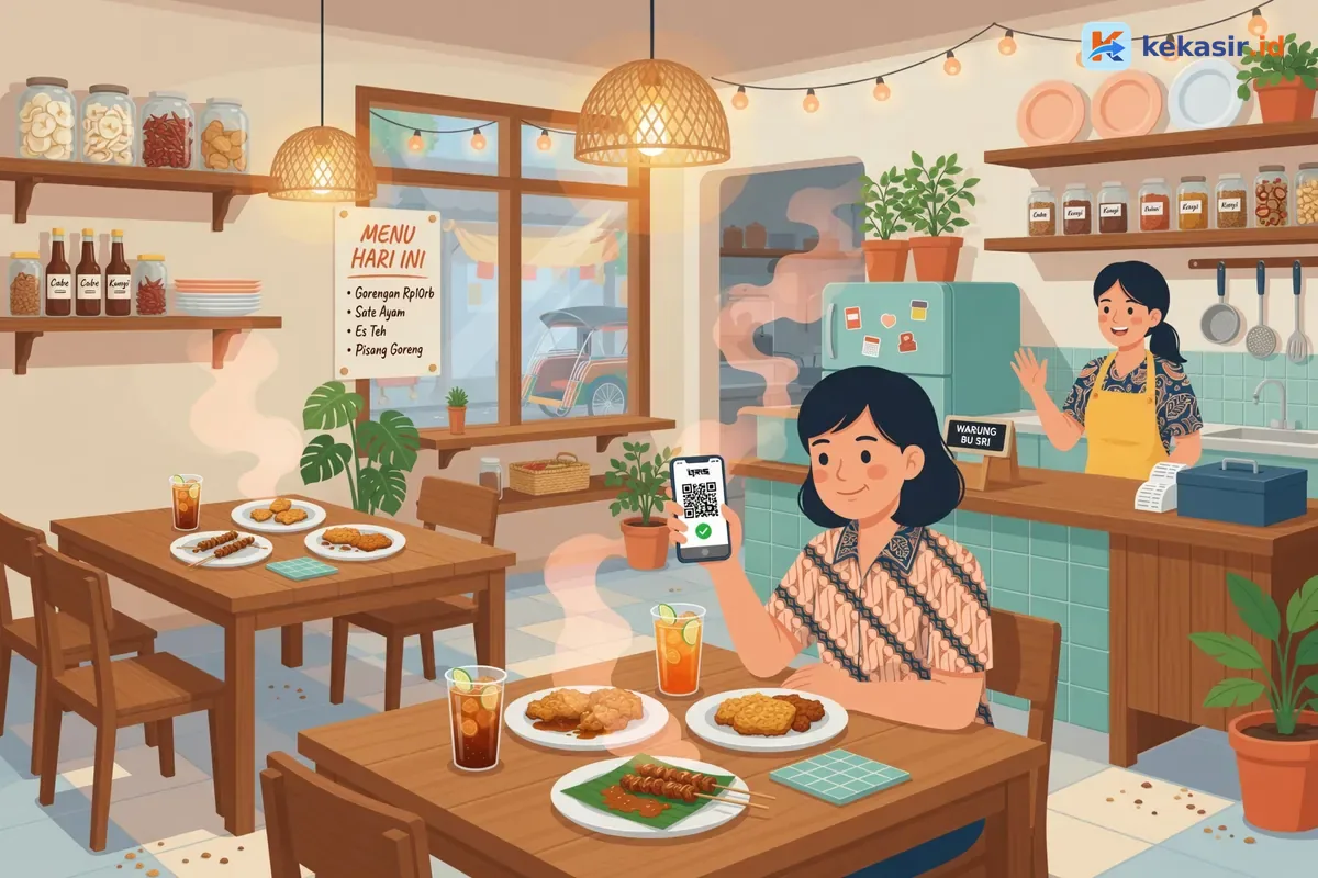 Ilustrasi pemilik gerobak camilan menerima bayar QRIS dari pelanggan di pinggir jalan
