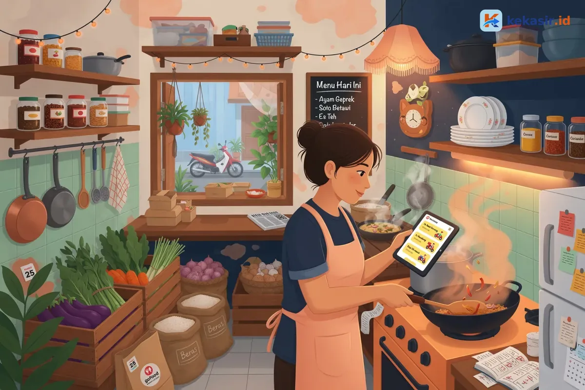 Ilustrasi pemilik usaha memasak di dapur rumah untuk pesanan online