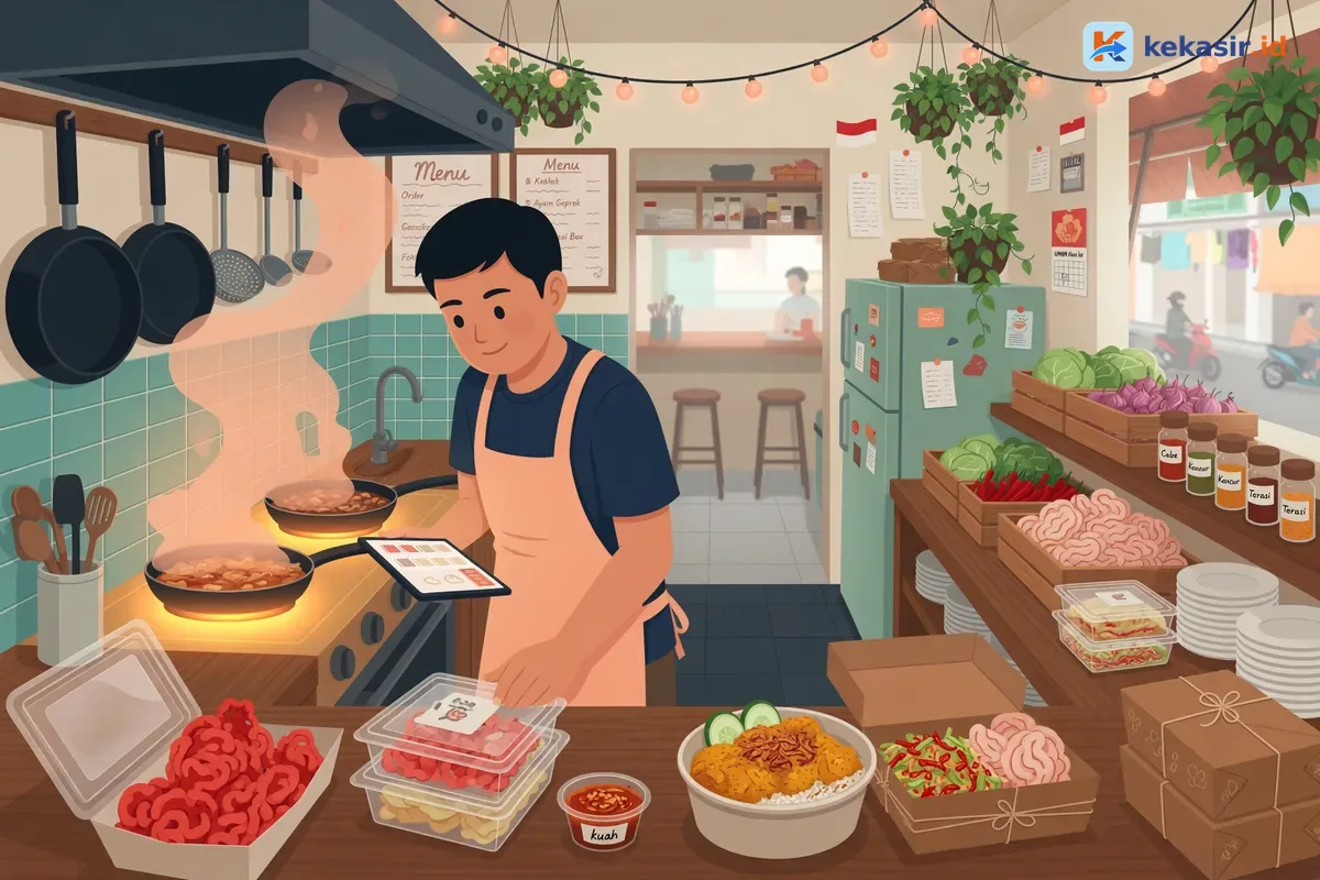 Suasana dapur cloud kitchen menyiapkan pesanan makanan untuk dibungkus