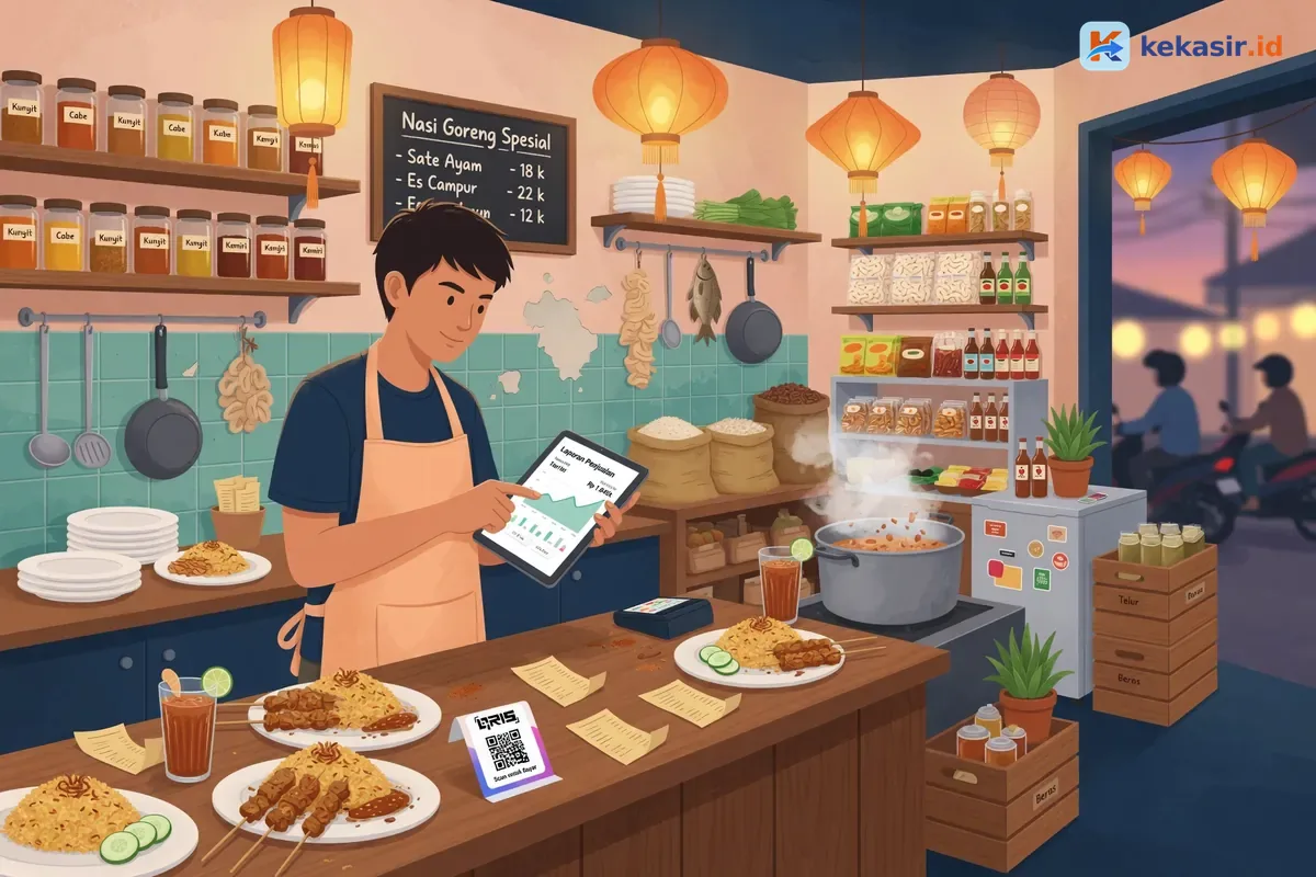 Pemilik usaha cloud kitchen memantau laporan penjualan dari tablet di dapur