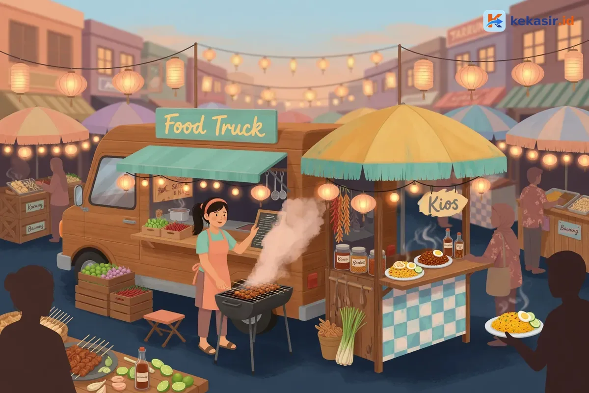 Ilustrasi pemilik usaha sedang merapikan unit food truck dan kios kecil di sebelahnya