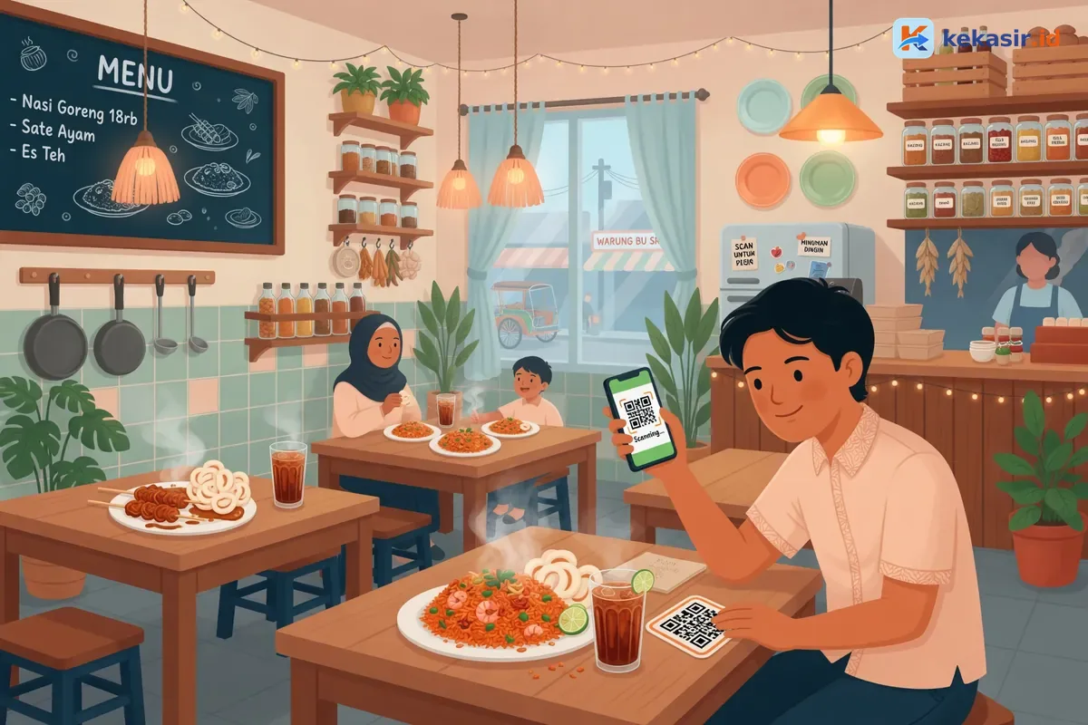 Ilustrasi pelanggan duduk di kios permanen scan QR meja untuk memesan sendiri