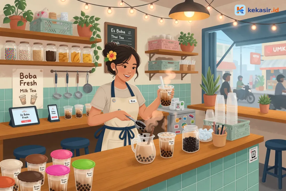 Ilustrasi gerai minuman boba dengan gelas pearl milk tea dan a menyiapkan pesanan
