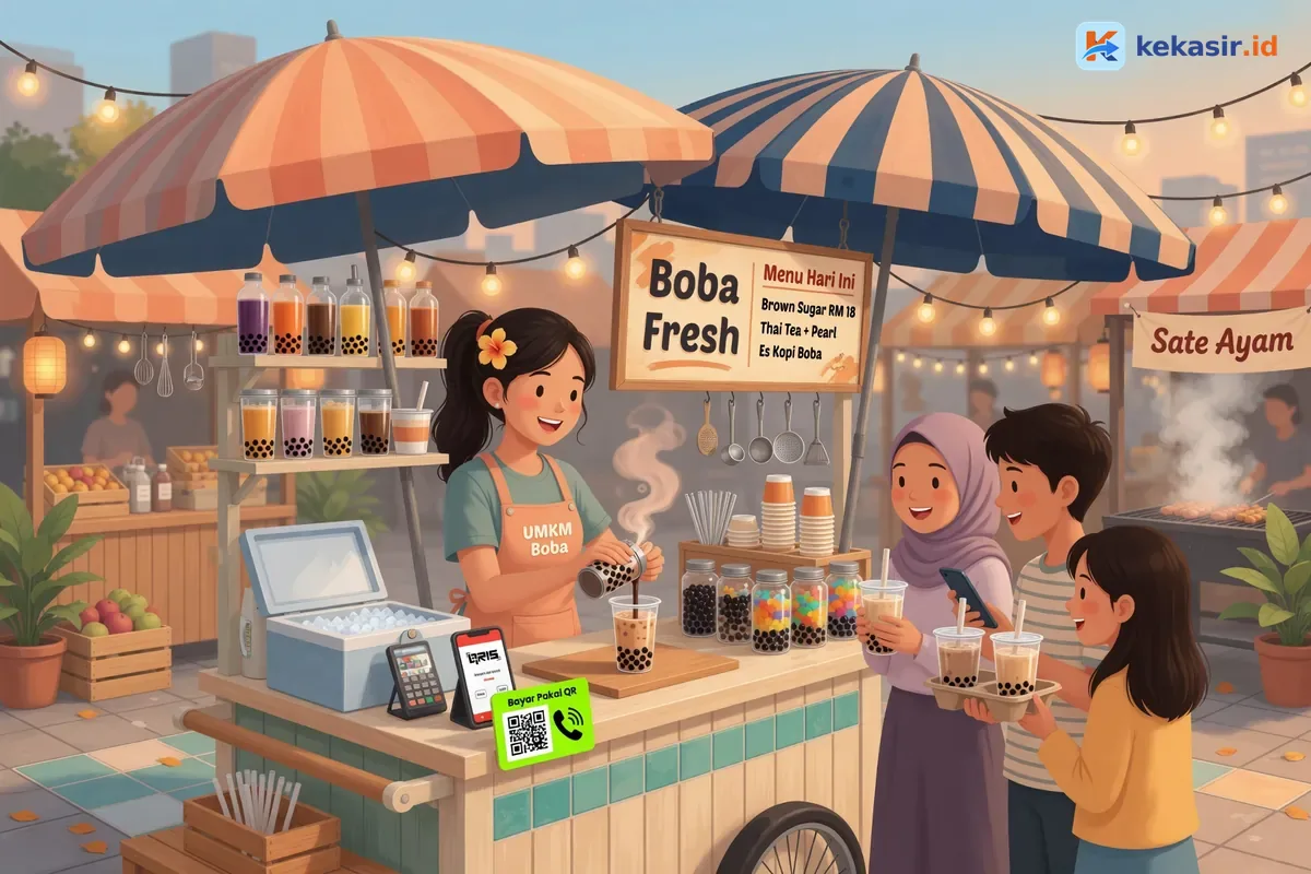 Suasana kios boba takeaway dengan papan menu dan pelanggan menunggu pesanan