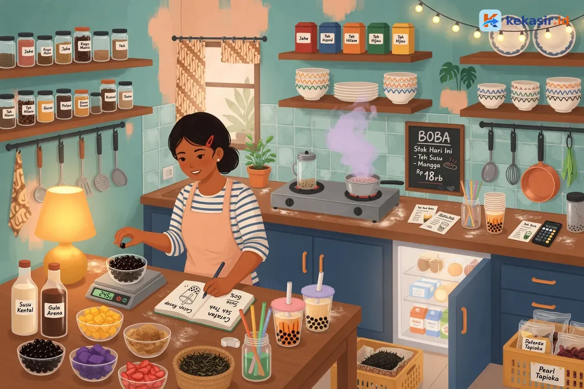 Pemilik usaha boba mencatat stok bahan dan takaran resep di dapur kecil