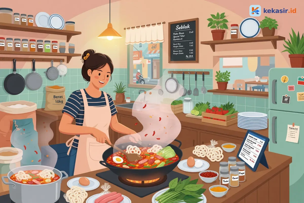Ilustrasi pemilik usaha memasak seblak di dapur rumah dengan panci dan bumbu