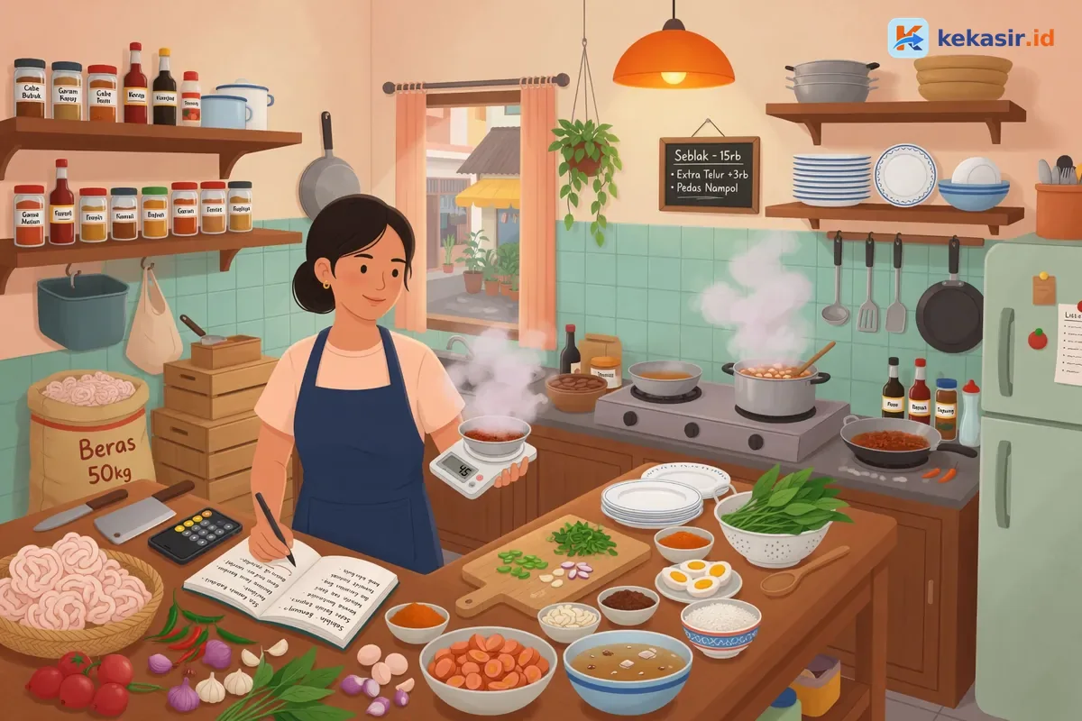 Ilustrasi pemilik usaha seblak menimbang bumbu dan mencatat resep di dapur