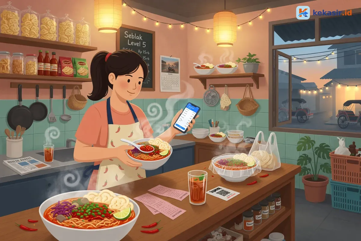 Ilustrasi pengusaha seblak rumahan mengecek pesanan di HP sambil packing mangkok seblak