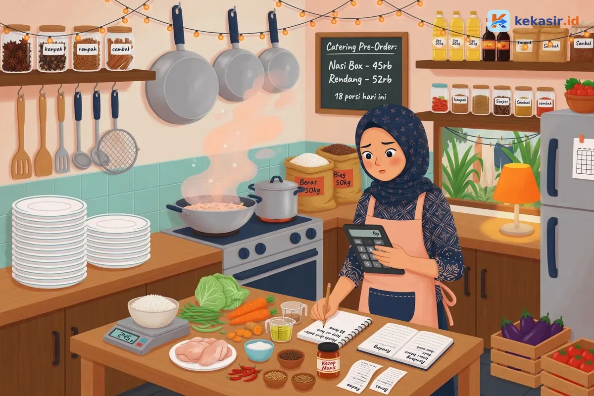 Pemilik usaha katering menghitung biaya bahan baku di dapur rumah