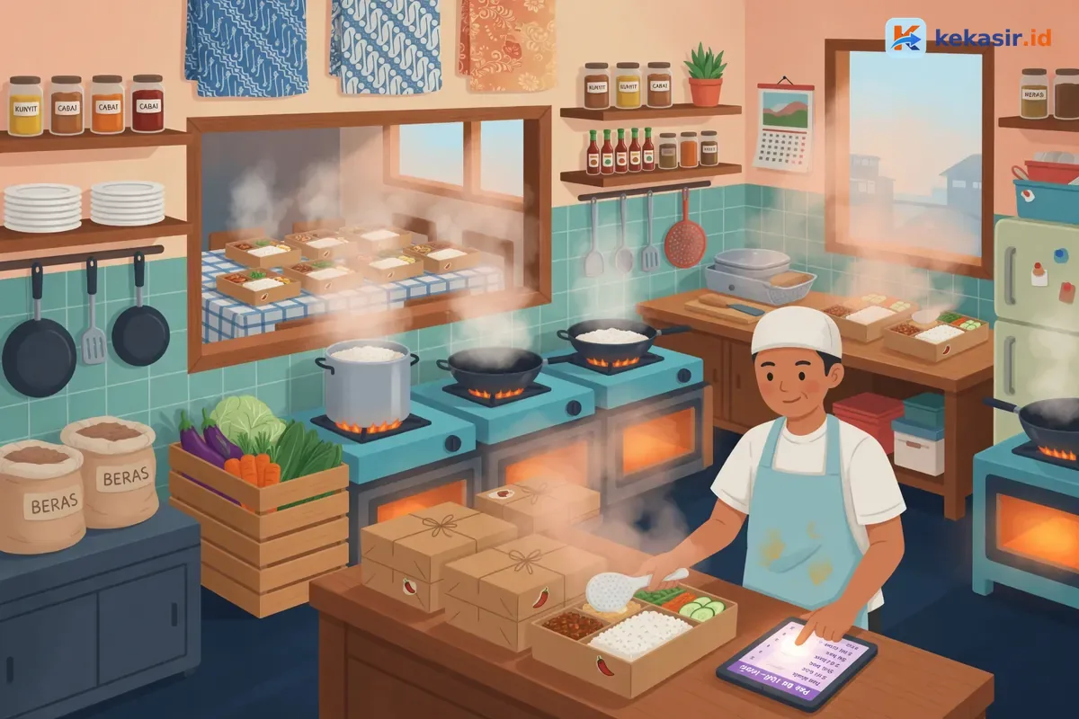 Ilustrasi dapur katering menyiapkan nasi kotak karyawan di pagi hari