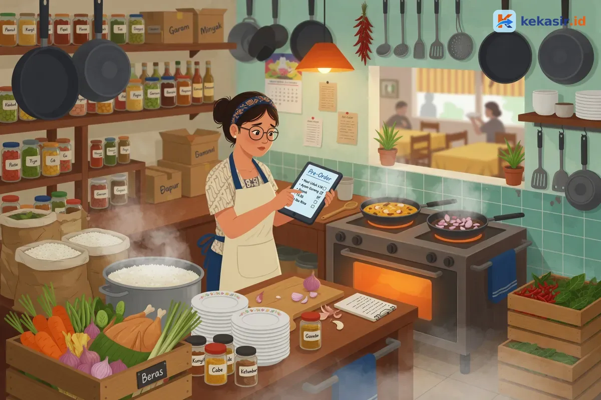 Ilustrasi admin katering mencatat pre-order di tablet di meja dapur