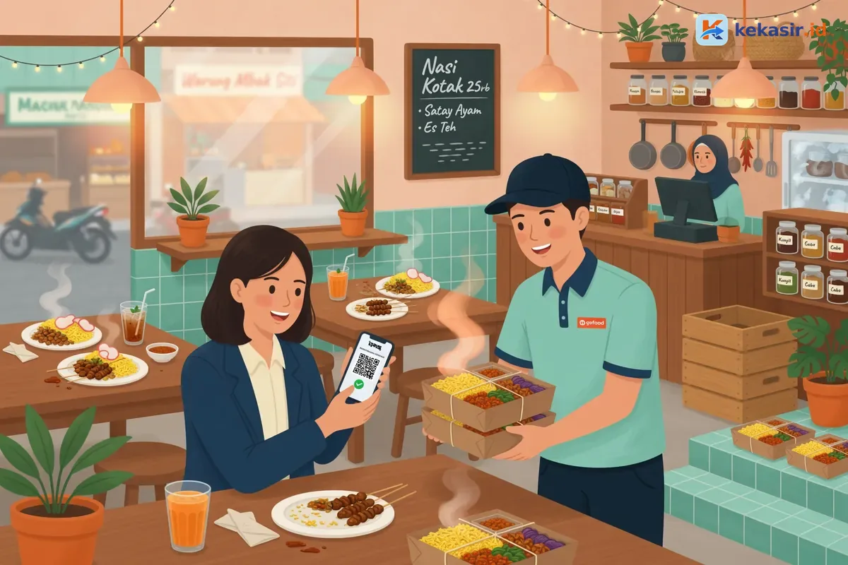 Ilustrasi kurir katering serah terima nasi kotak dan pelanggan scan QRIS di lokasi