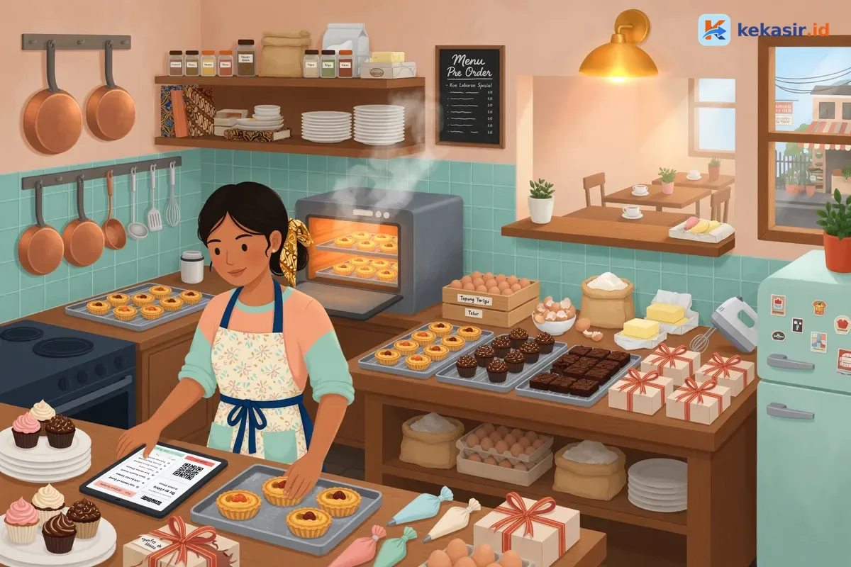 Ilustrasi dapur bakery rumahan dengan loyang kue dan box dessert siap pre-order