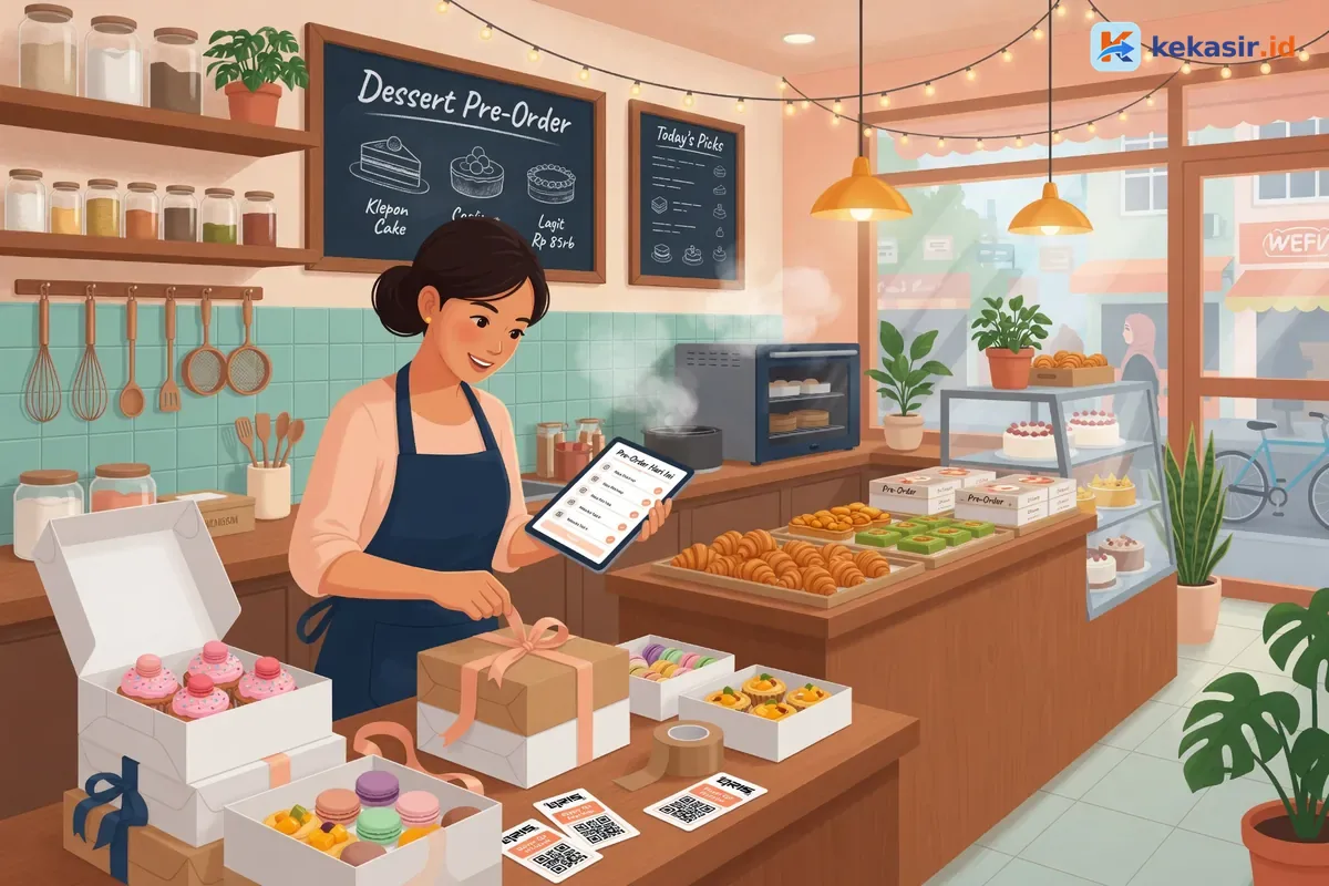 Ilustrasi pemilik bakery mengecek daftar pre-order di tablet sambil menyiapkan box kue