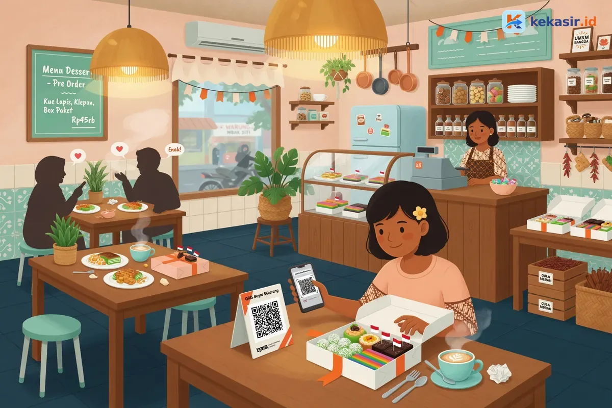 Ilustrasi pelanggan memindai QRIS di HP untuk bayar pre-order dessert box