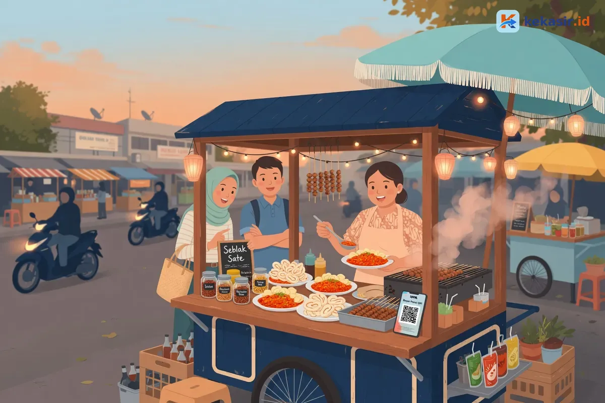 Ilustrasi pelanggan memesan di gerobak makanan di pinggir jalan