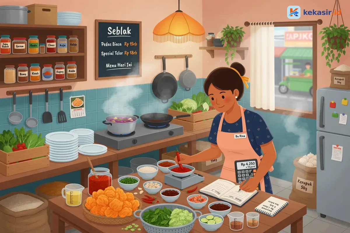 Ilustrasi pemilik gerobak menghitung bahan baku di dapur