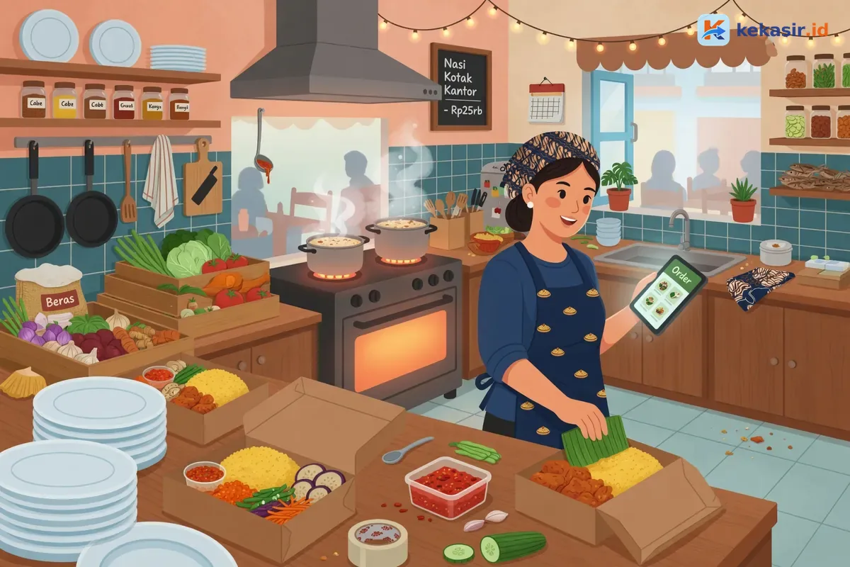 Ilustrasi dapur rumah packing nasi kotak untuk order kantoran