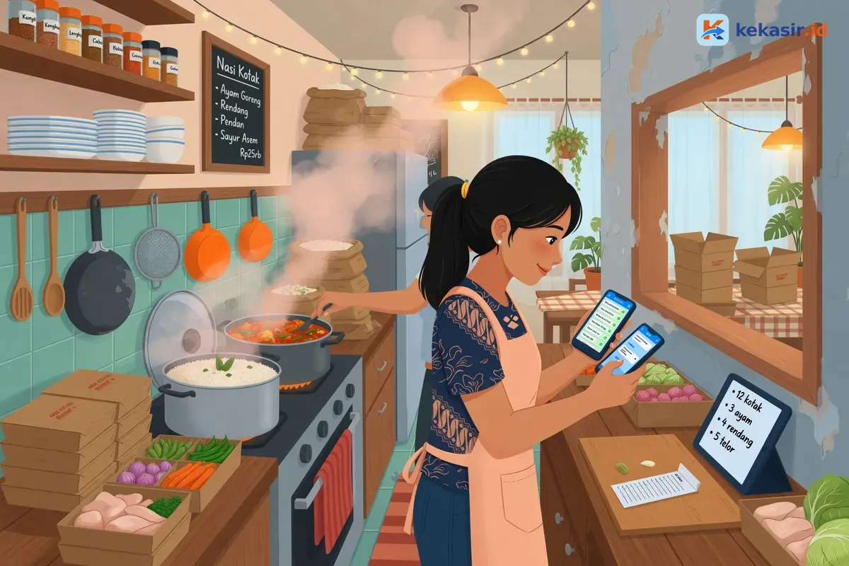 Ilustrasi admin usaha nasi kotak mencatat order di HP di dapur rumah