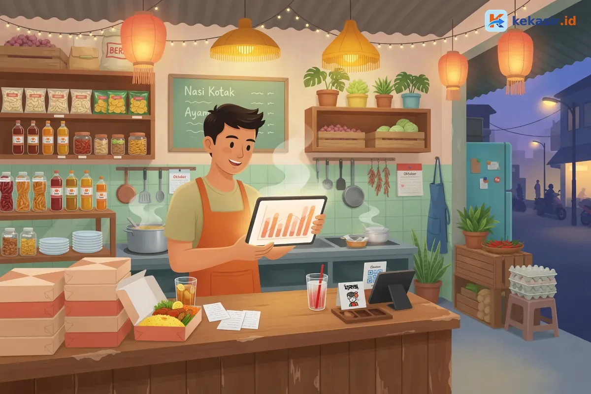 Ilustrasi pemilik usaha nasi kotak mengecek rekap omzet harian di tablet