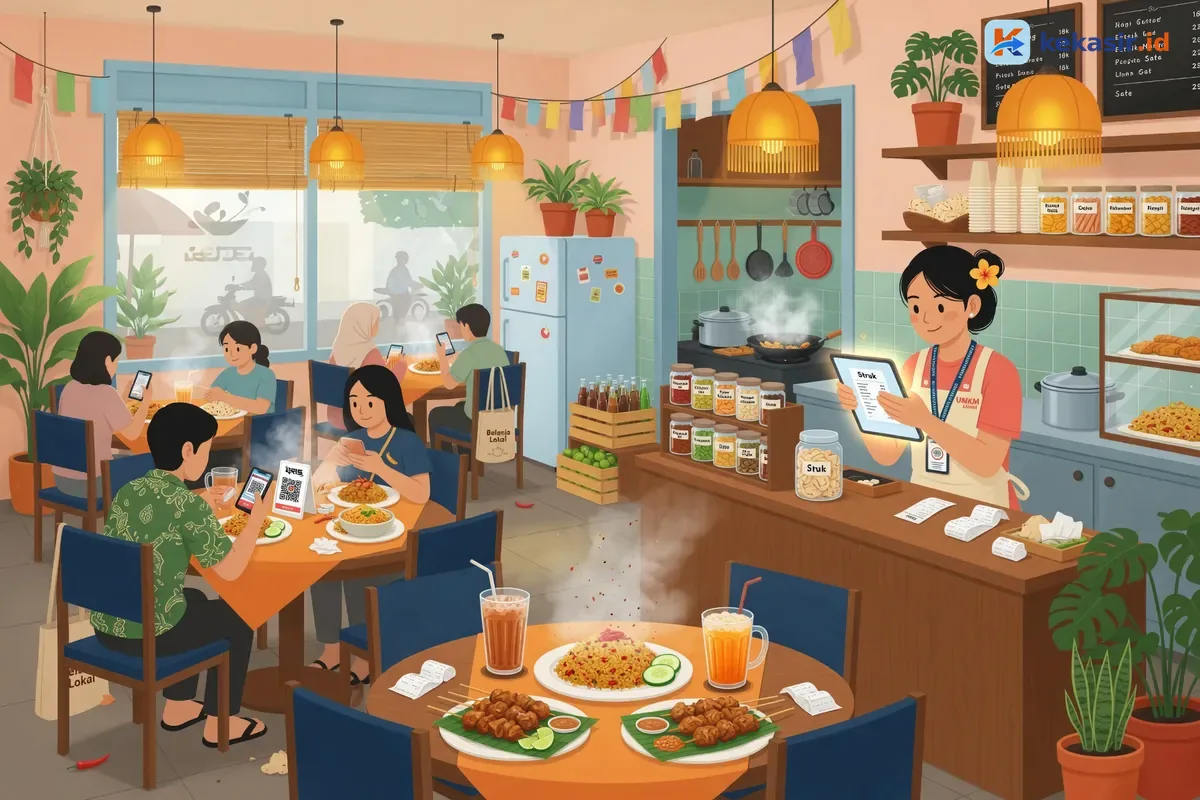 Ilustrasi staf pop up store mengecek struk transaksi di tablet saat padat pengunjung