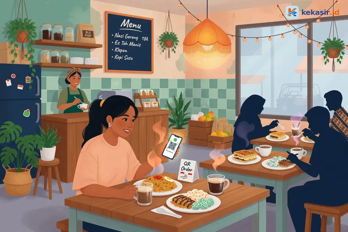 Ilustrasi pelanggan scan QR meja di kafe untuk memesan