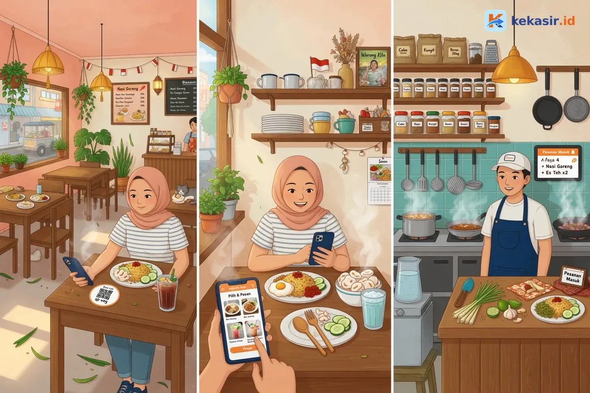 Alur pesanan dari scan QR meja masuk ke layar dapur