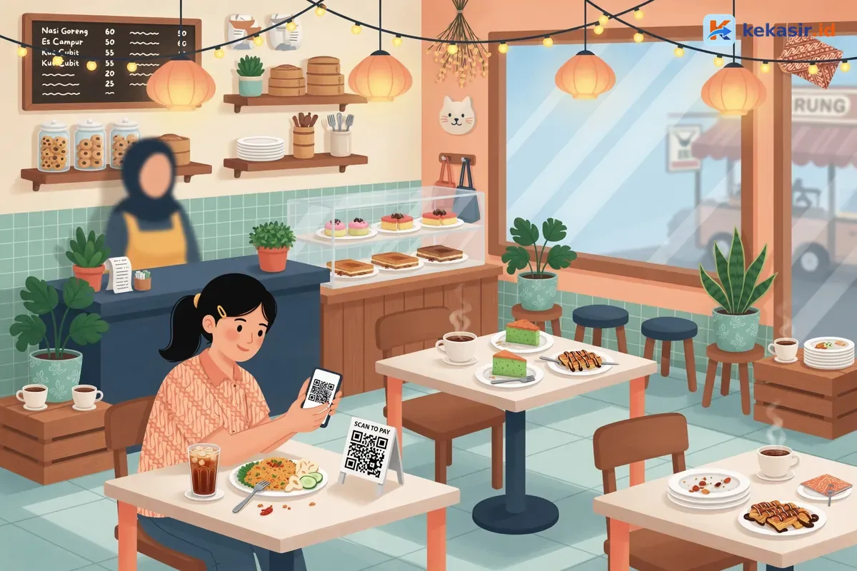 Ilustrasi pelanggan bayar QRIS via HP sambil menunggu pesanan di kafe
