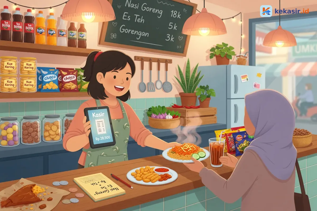 Pemilik warung kuliner memegang tablet kasir di meja order sambil melayani pelanggan