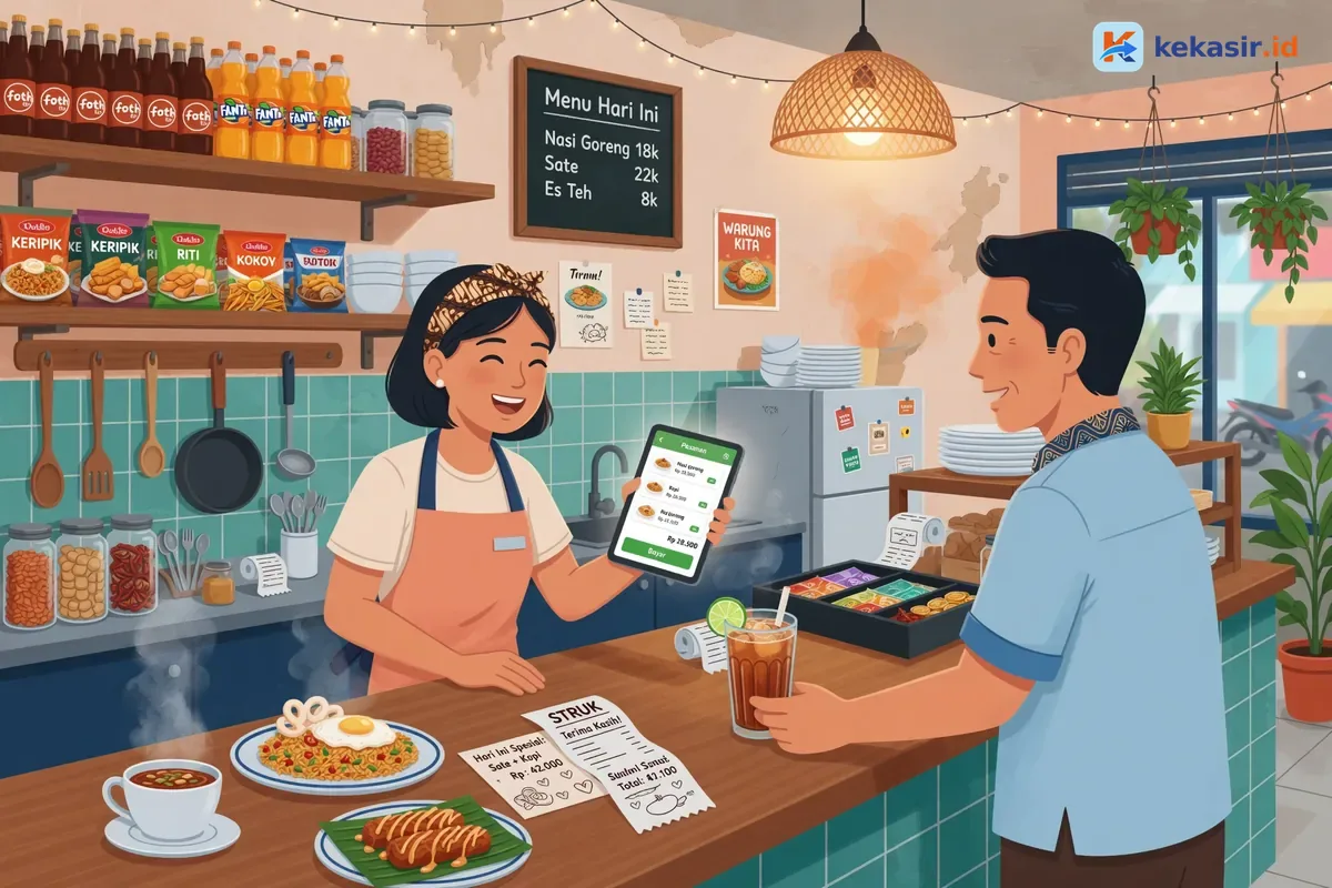 Suasana kasir cafe dengan tablet POS, struk, dan menu di counter