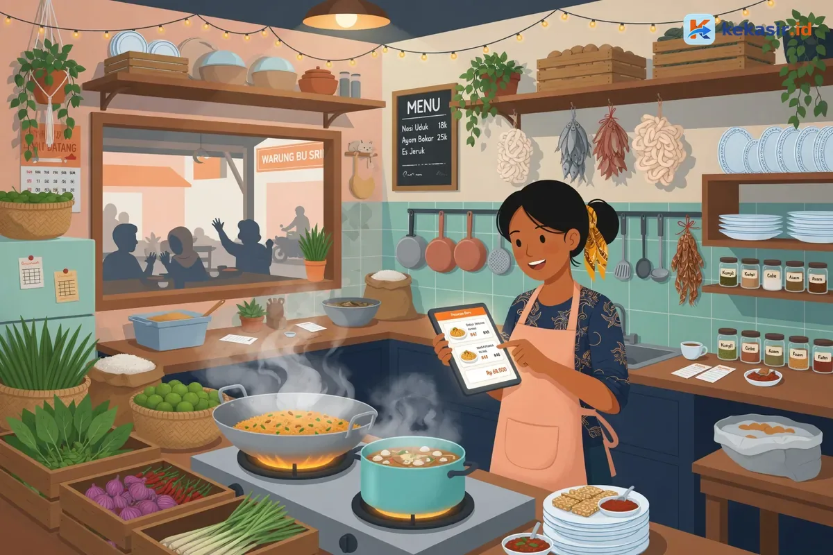Ilustrasi pemilik warung menggunakan tablet untuk aplikasi kasir di dapur