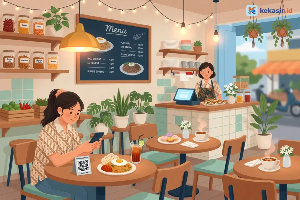 Suasana pelanggan scan QR meja untuk memesan sendiri di kafe