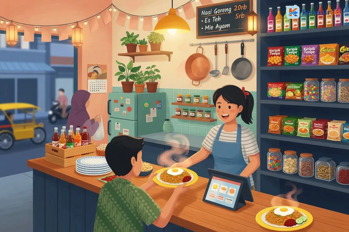Ilustrasi pemilik usaha membandingkan paket langganan aplikasi kasir