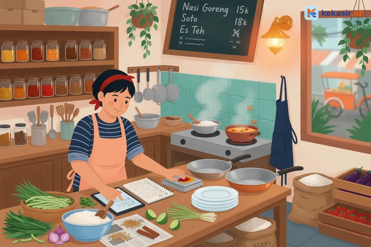 Ilustrasi pemilik warung menghitung bahan dan transaksi di dapur