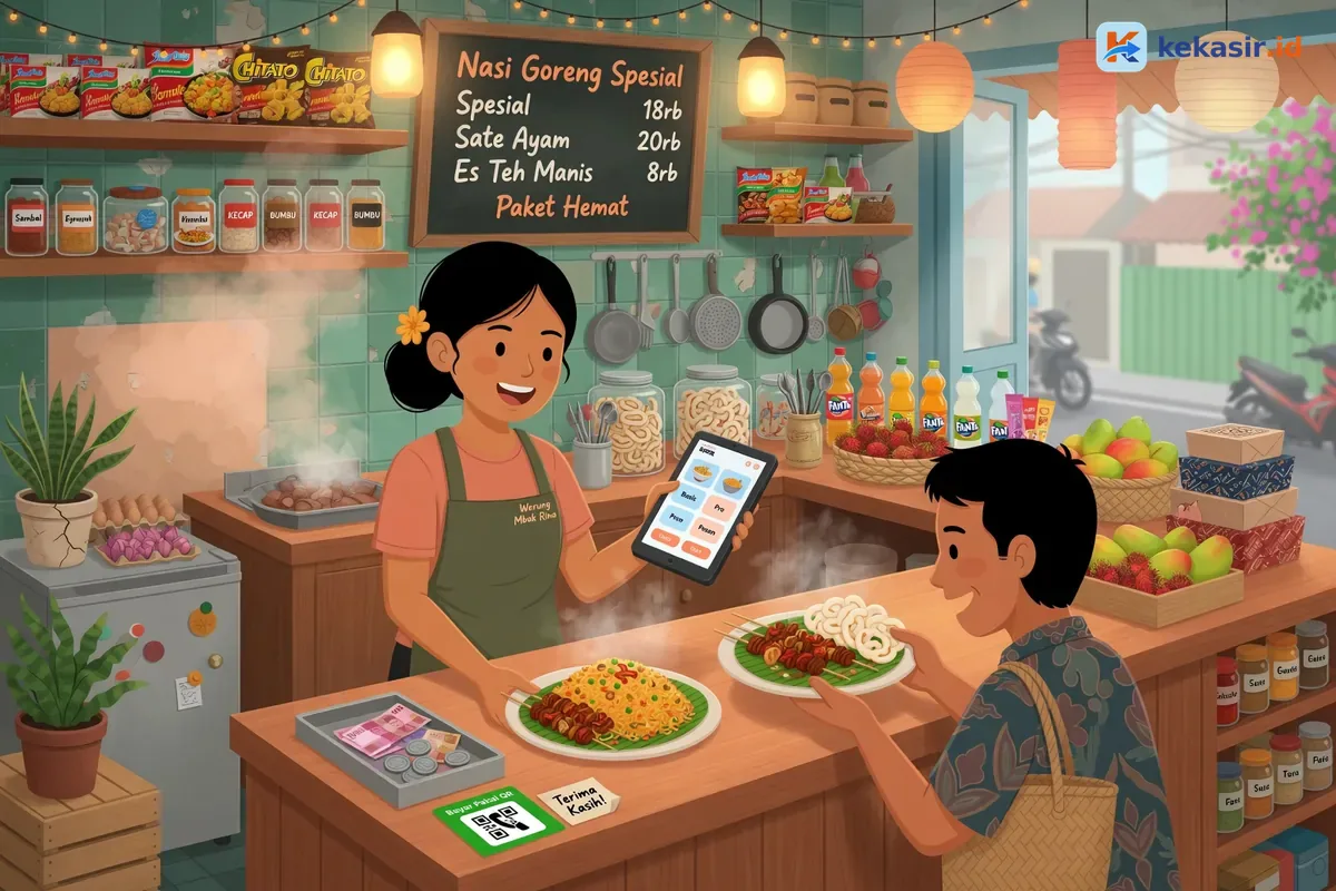 Ilustrasi pemilik usaha membandingkan paket aplikasi kasir di tablet