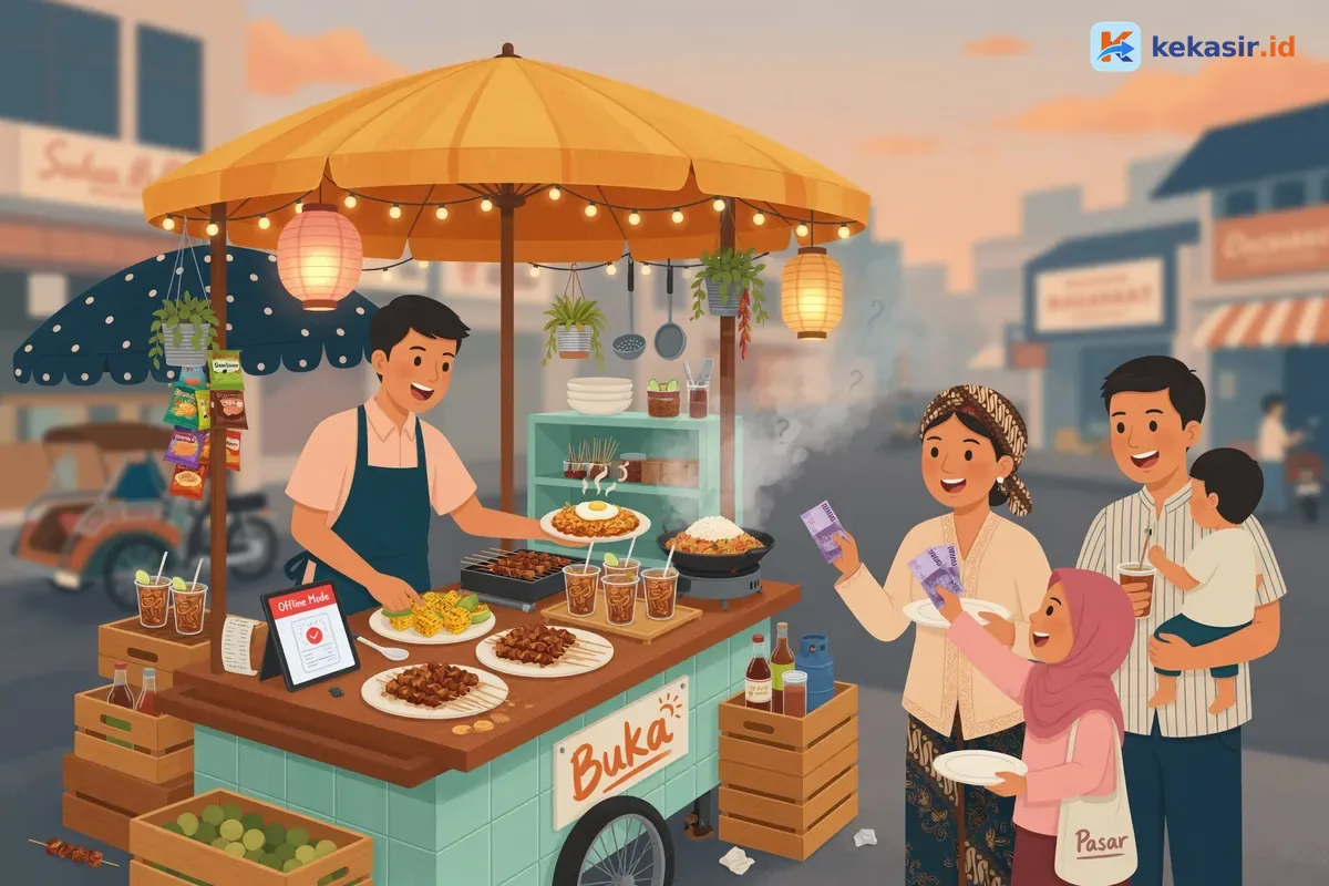 Ilustrasi pedagang mengantrekan pembeli di gerobak makan saat ramai