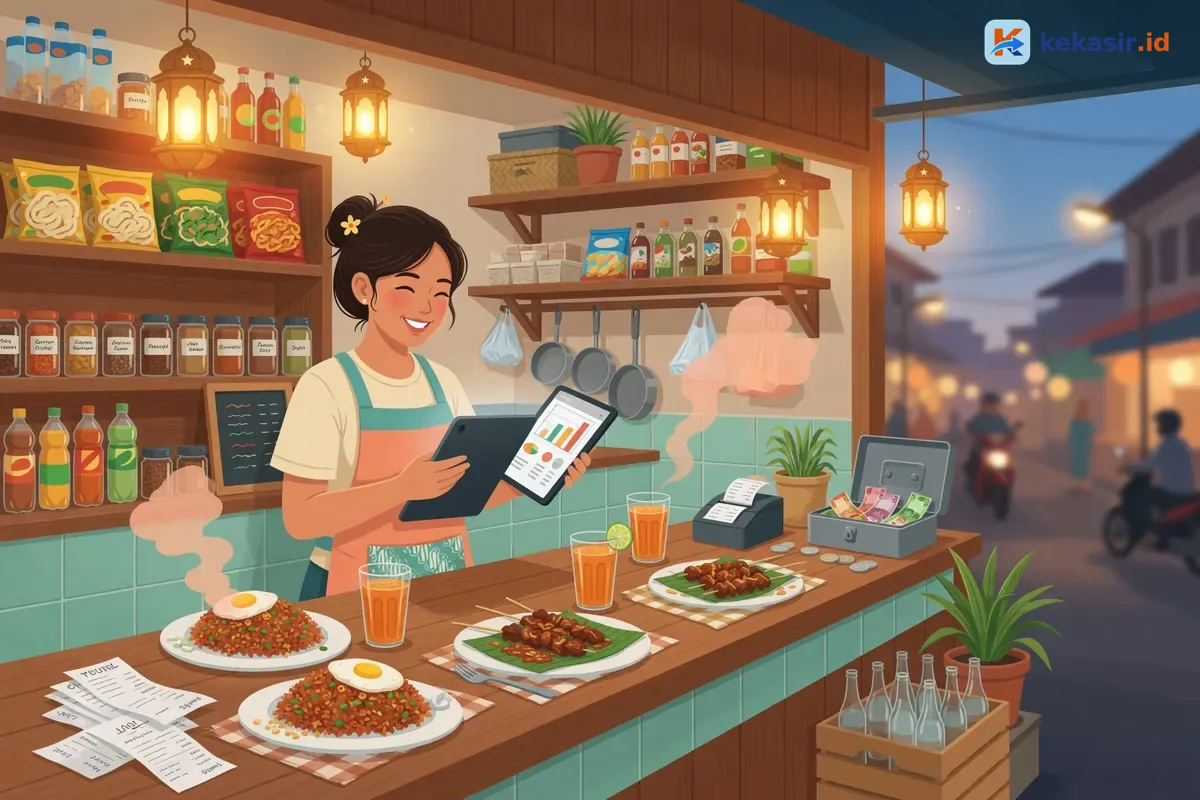 Ilustrasi pemilik stand makanan tersenyum puas melihat laporan penjualan di tablet